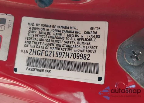 2007 Honda Civic Si из США, поврежденный, VIN 2HGFG21597H709982